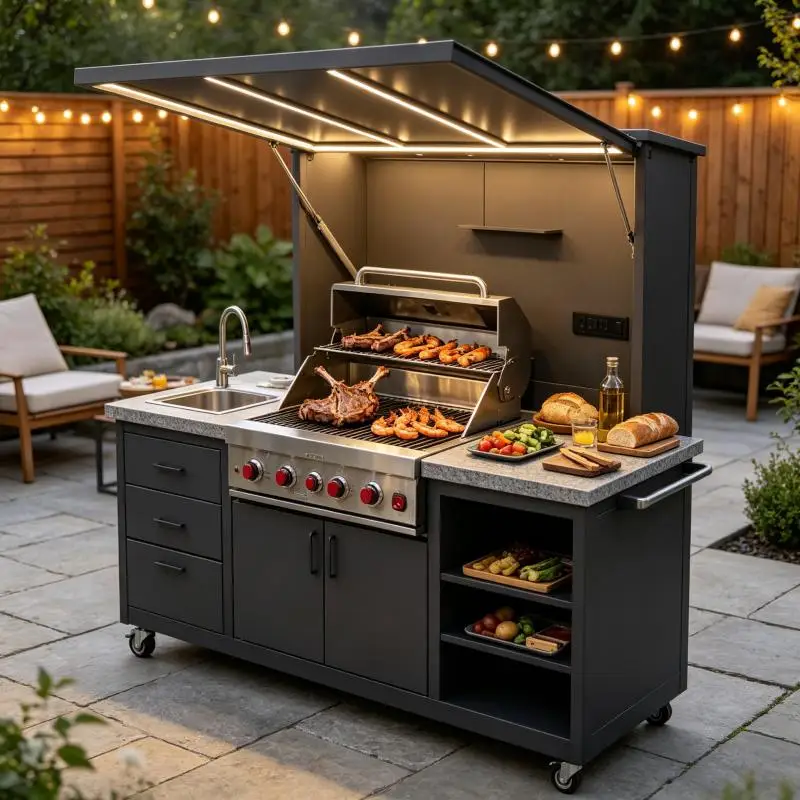 Outdoor Kitchen Modern BBQ Island Unit Heat Resistant Countertop With Gas Grill Sink For Backyard Entertainment