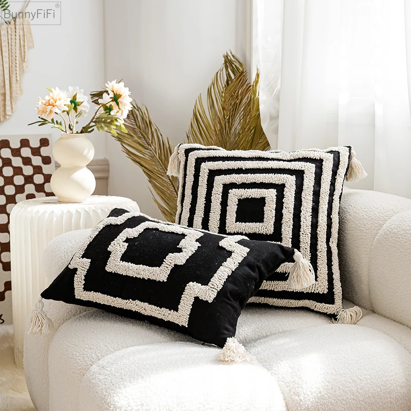 for Black Boho Pillow Cover Cushion Ivory Tassels Cover Tufted Home Decoration Living Room Bedroom Sofa Couch Square 45x45cm