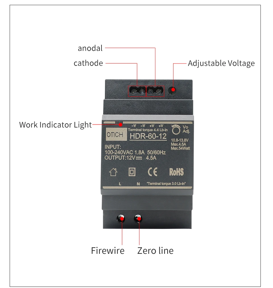 OMCH HDR-Serie DIN-Schienen-Schaltnetzteil HDR-15 100–240 VAC 15 W 30 W 60 W 100 W AC-zu-DC-Spannung 5 V 12 V 24 V 48 V 0–7,1 A SMPS – Detail 10