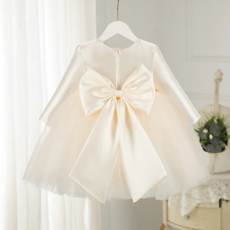 Toddler Baby Light Champagne Tulle Party Dresses Long Sleeve Baptism Wedding 1 Year Birthday Bow Girl Princess Gown Vestidos