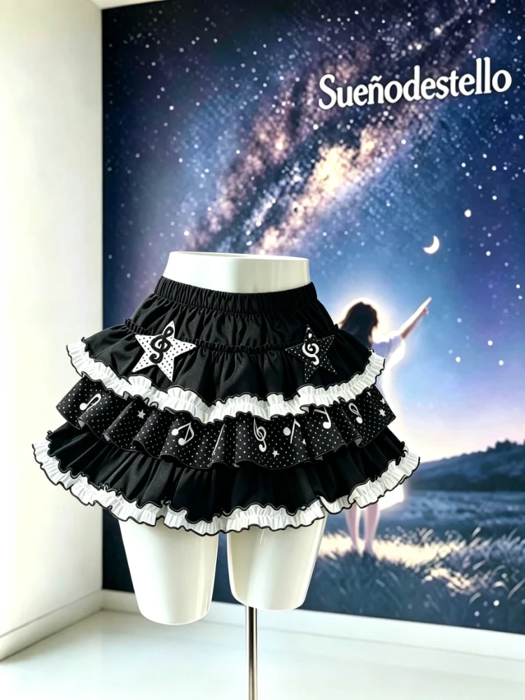 Kawaii Harajuku Musical Note Star Print Layered Ruffle Mini Skirt Women's Skirts High Waist Slim Fit Sweet Casual Daily Outfit