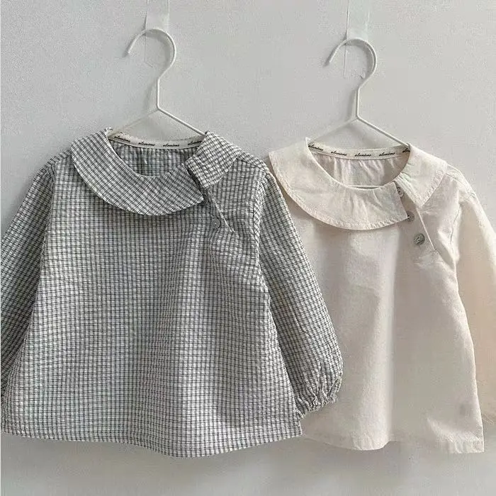 Korean Baby Kids Spring Summer New Cotton Japanese Ruffle Collar Shirt Niche Stylish Plaid Doll Dress Shirt