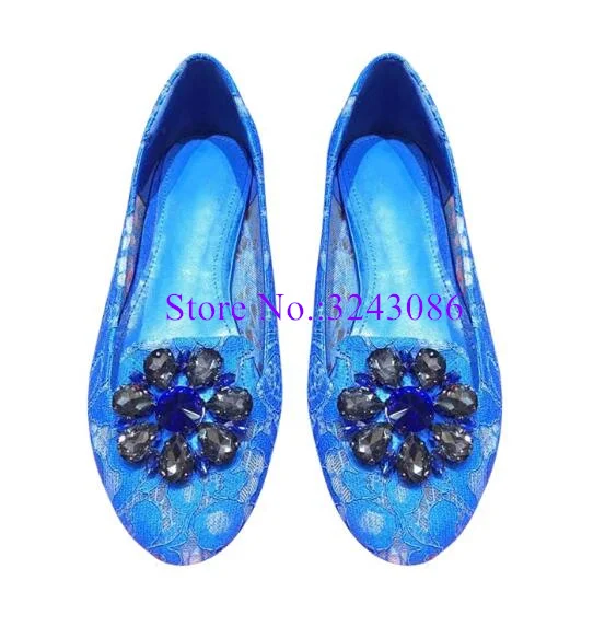 Sexy Blue Color Lace Crystal Lady Flat Shoes Fashion Round Toe Woman Casual Shoes Female New Slingle Shoes Dropship