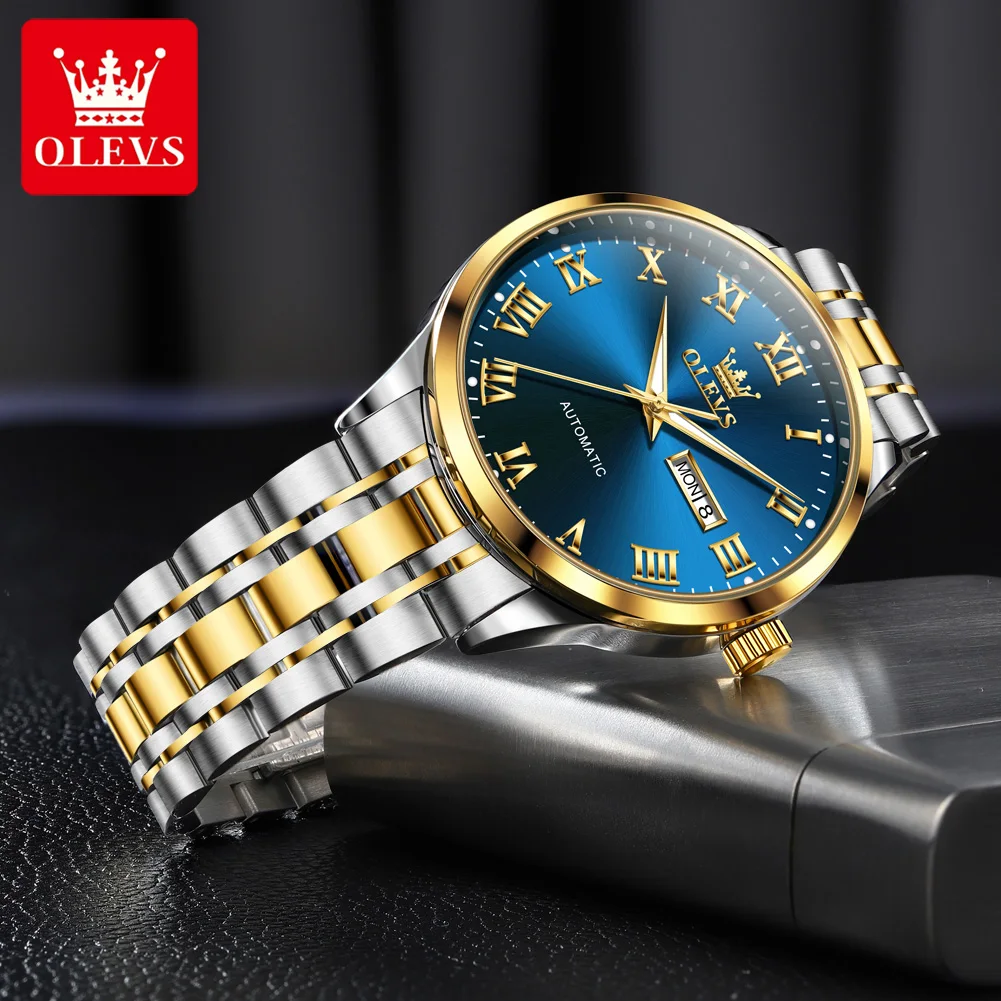 OLEVS 7060 Automatic Mechanical Watch Man Roman Scale Dual Calendar Display Waterproof Watches Men