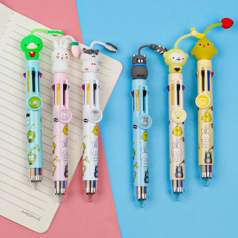 10Pcs/Lot Kawaii Cartoon 8 Color Ballpoint Pen Cute Chick Monkey Rabbit Pendent Multicolor Graffiti Pen School Office Supplies