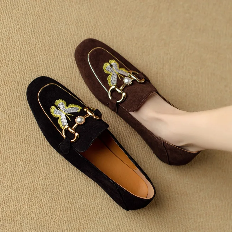 

2024Spring/Summer New Sheep Suede Flat Bottom Lefu ShoesWomen's Shoes Butterfly Metal Buckle One Step Shallow Mouth Single Shoes