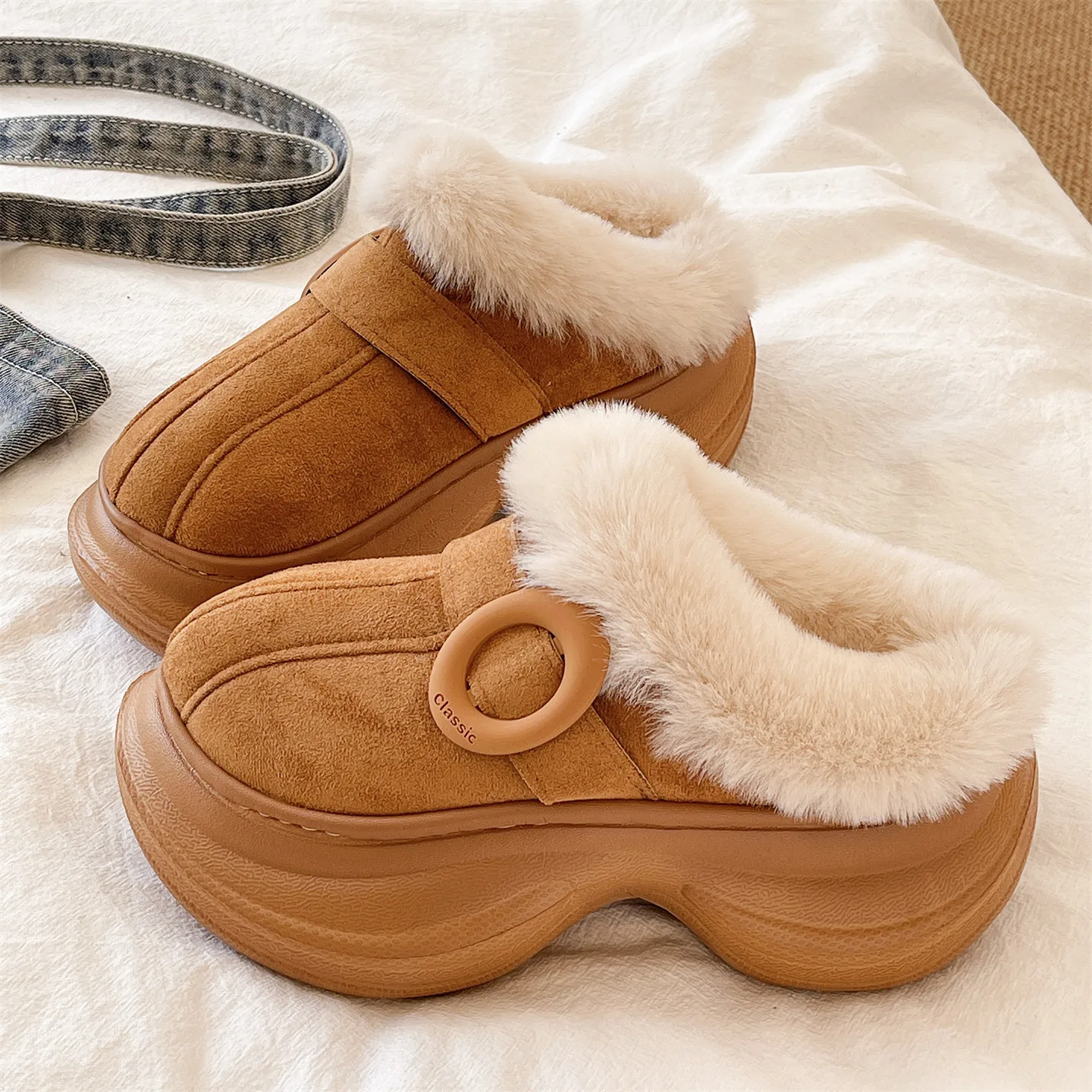

Женские меховые тапочки Thi Bot, зимние модные домашние и уличные противоскользящие теплые хлопковые тапочки на подкладке с чехлом