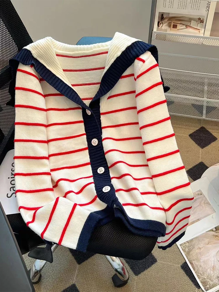 Women Striped Cardigan Sweater Harajuku Korean Y2k Sailor Collar Long Sleeves Cashmere Sweaters Jumper 90s Vintage 2000s Clothes