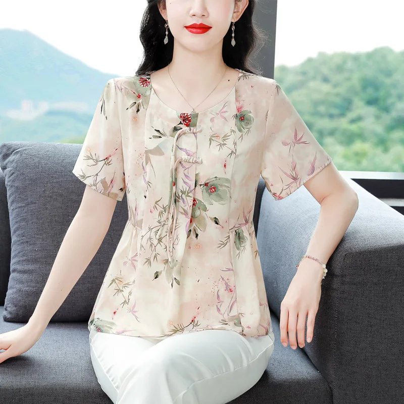 Summer Fashion Floral Print O-neck Short Sleeve Blouses Women Casual Loose Bandage Chiffon Shirts Elegant Chic Tops M-4XL