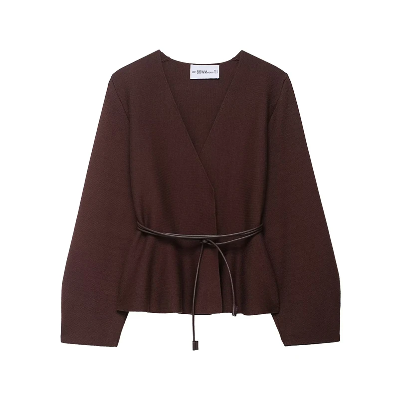 

Willshela Women Fashion With Belt Coffee Knitted Sweater Vintage V-Neck Long Sleeves Female Chic Lady Outfits