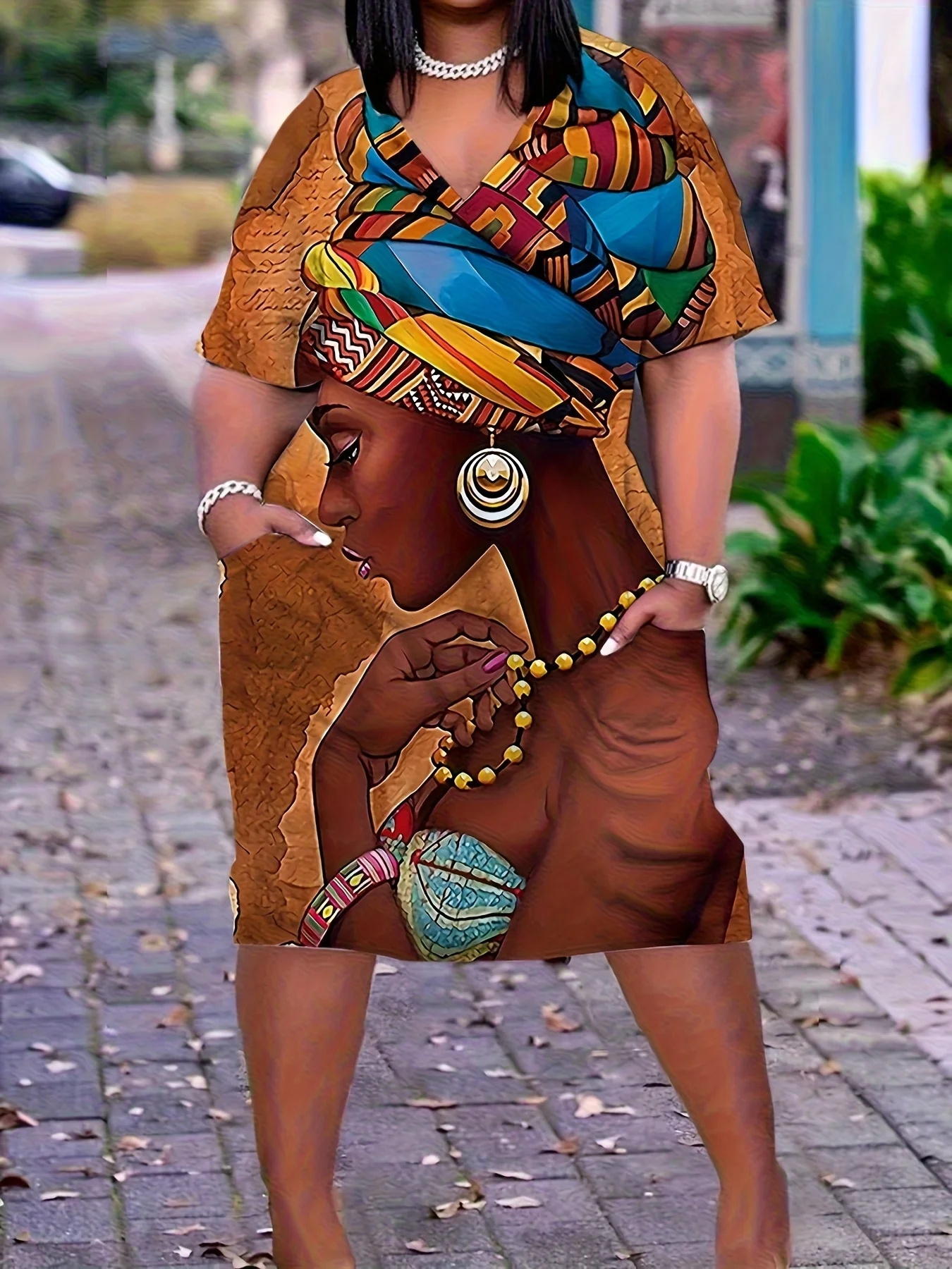 Plus Size Women African Figure Print Dress Elastic V‑Neck Short Sleeve Midi Dress With Pockets Casual Ladies Loose Dress