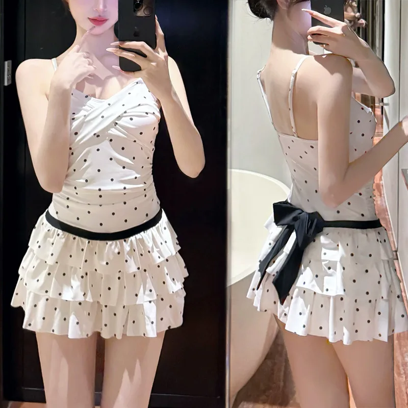 مثير الكورية أزياء البولكا نقطة طباعة المايوه قطعة واحدة عودة القوس عارية الذراعين الكشكشة فستان قصير كولوتيس البيكينيات مبطن ملابس السباحة