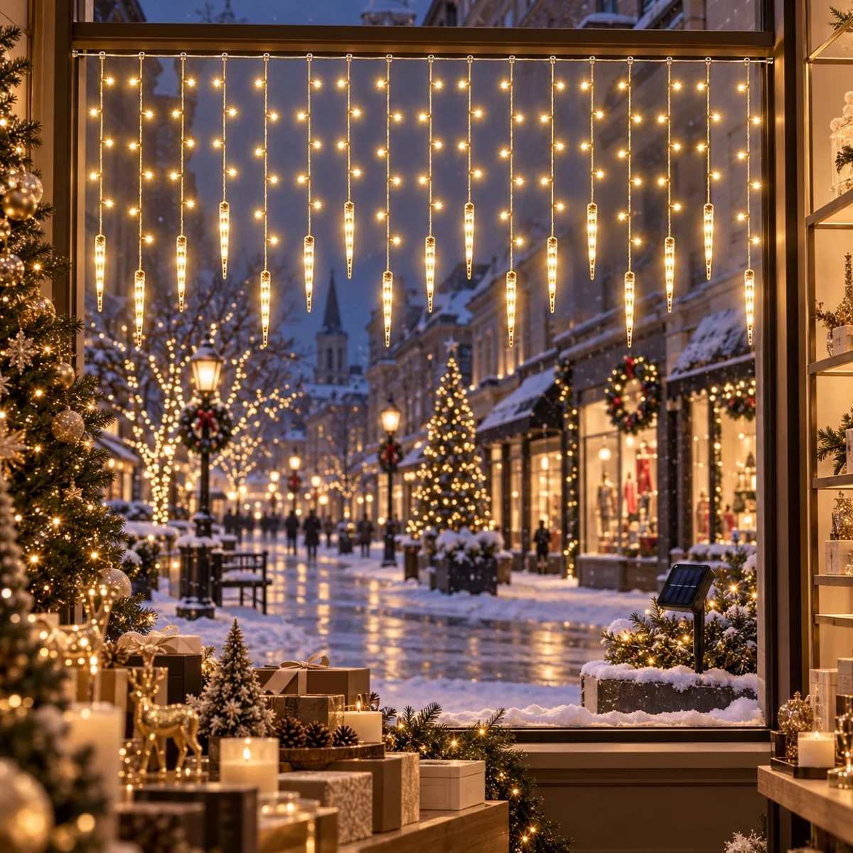1pc Outdoor Solar Powered Icicle Drop Curtain String Lights Hanging 96LED Fairy Light for Xmas Window Home Backyard Winter Decor