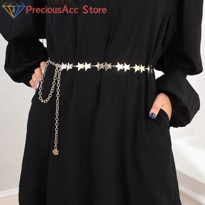 Vintage Women Waist Belt Female Metal Star Pentagram Chain Belt Tassel Waist Chain Belt Women Decorative Body Jewelry