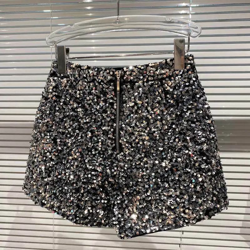 Fashion Spring Autumn Solid Color Sequin Zipper Shorts Female High Waist Slim Casual Three Quarter Shorts for Women