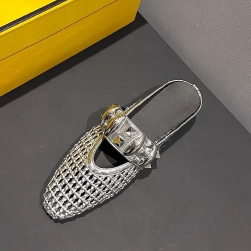 

Woven Hollowed-out Baotou Semi-drag Women's Outer Wear Summer New Inner Heightener One-foot Slip-on Sandals