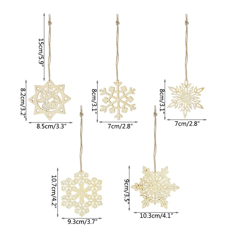 10pcs Wooden Snowflake Chips DIY Christmas Tree Decoration Hanging Pendants Xmas Navidad Natal Home Ornament 2024 New Year Gifts