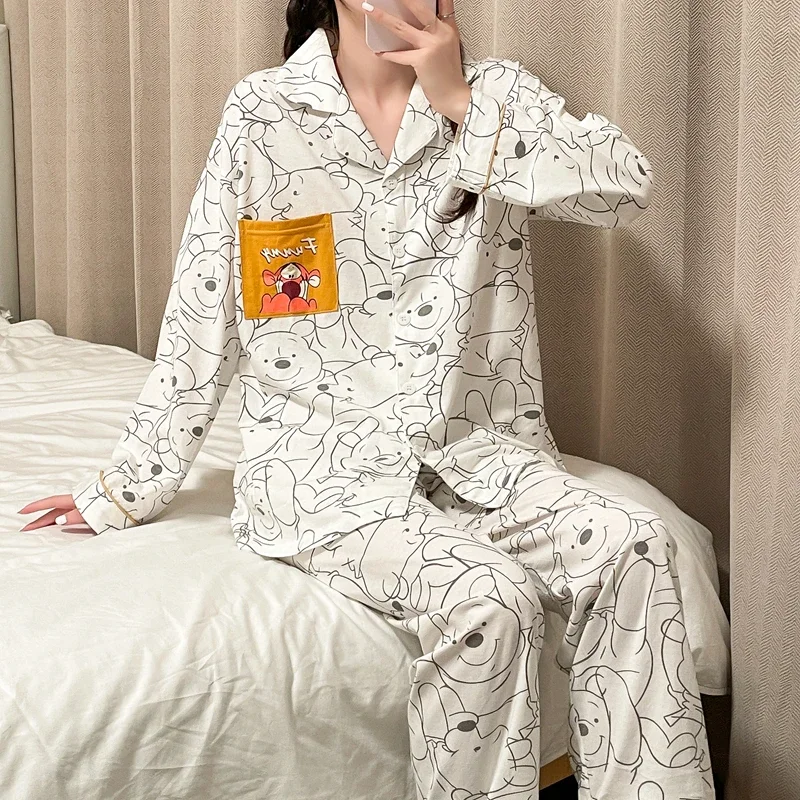 Winnie the Pooh cotton new pajamas autumn long-sleeved trousers two-piece set silk pajamas women\'s loungewear women\'s pajamas