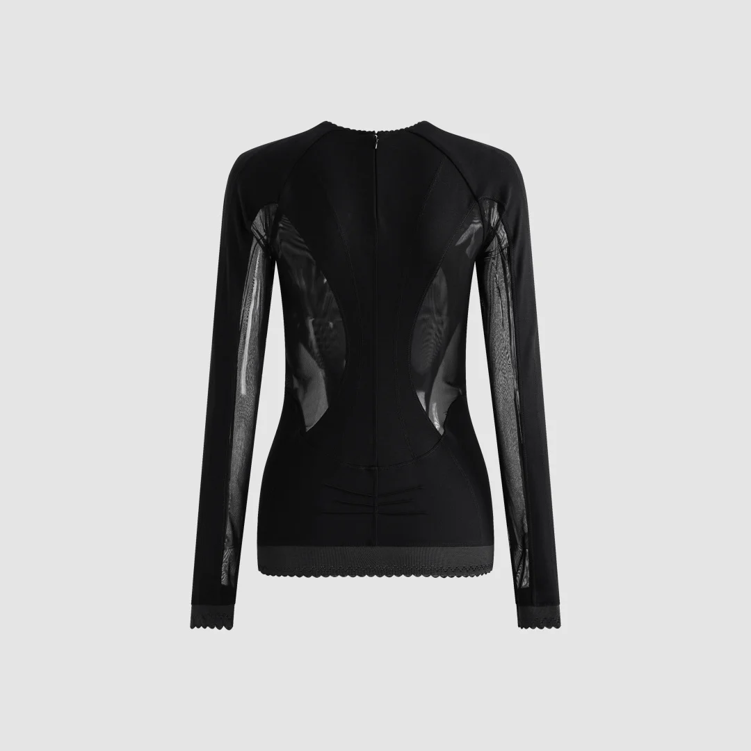 2026 Sheer Mesh Panel High-Stretch Top – Long Sleeve Sculpting Base Layer with Cut-Out Details & Scalloped Hem in Black