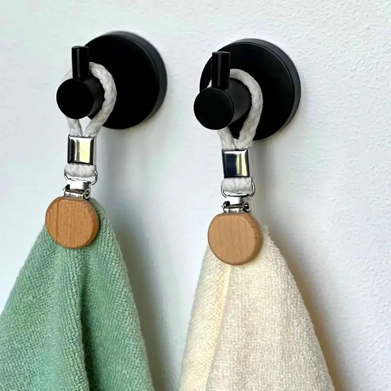 2pcs Multi functional non perforated kitchen towel clip, woven rope, beech wood round head storage, bathroom clip