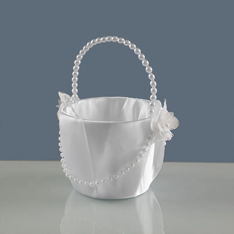 Elegant Pure White Wedding Flower Basket with Pearl Handle And Bow Design Small Flower Basket for Wedding