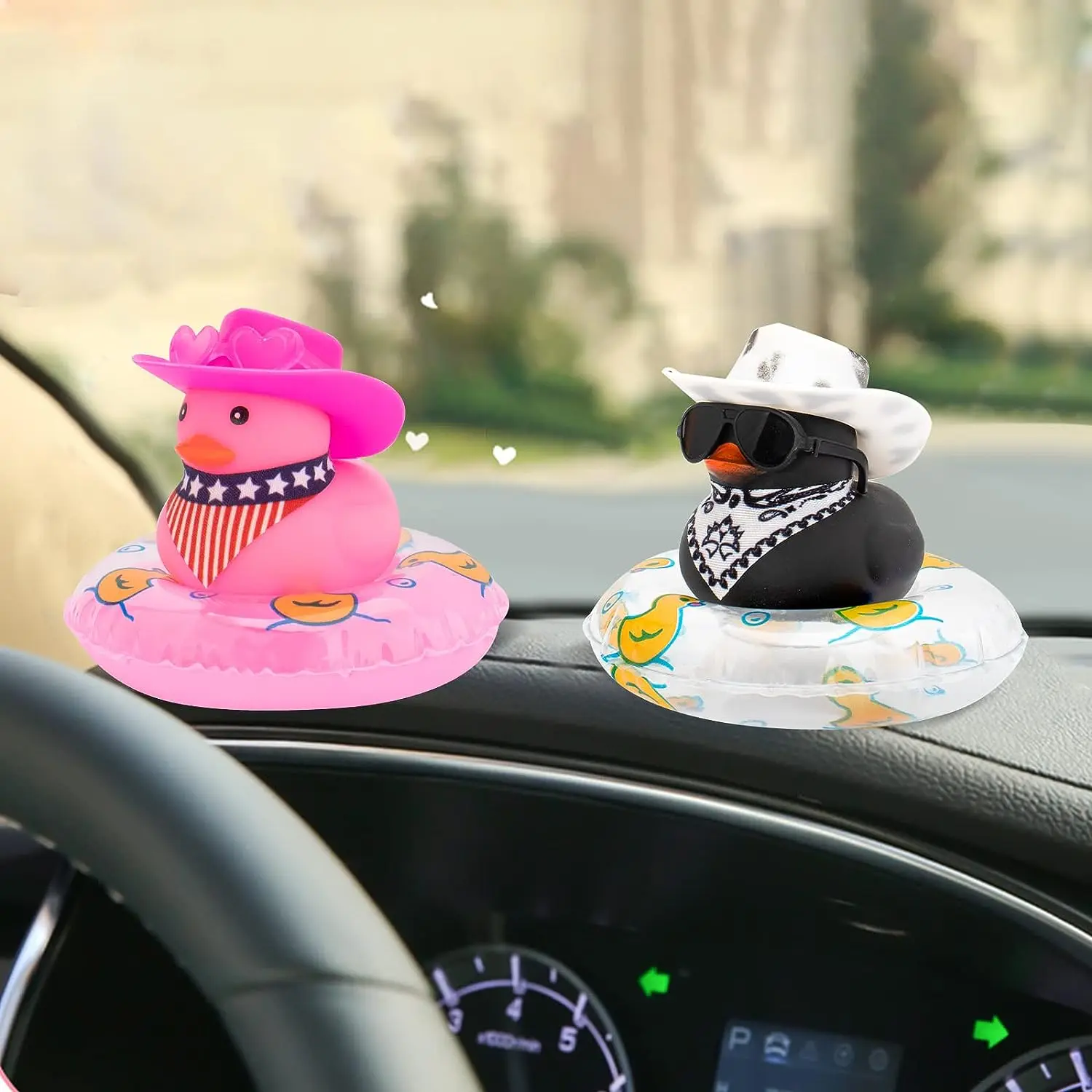 Rubber Duck for Dashboard of Car Colorful Duck Car Dashboard Decorations Squeak Ducks Toys Car Ornaments Hat Swim Ring Kids Toys