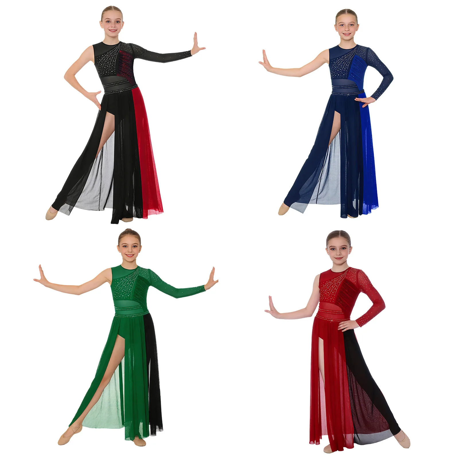 

Girls Modern Lyrical Dance Performance Costume Skating Gymnastics Ballet Leotard Dress One Sleeve Split Mesh Rhinestones Dresses