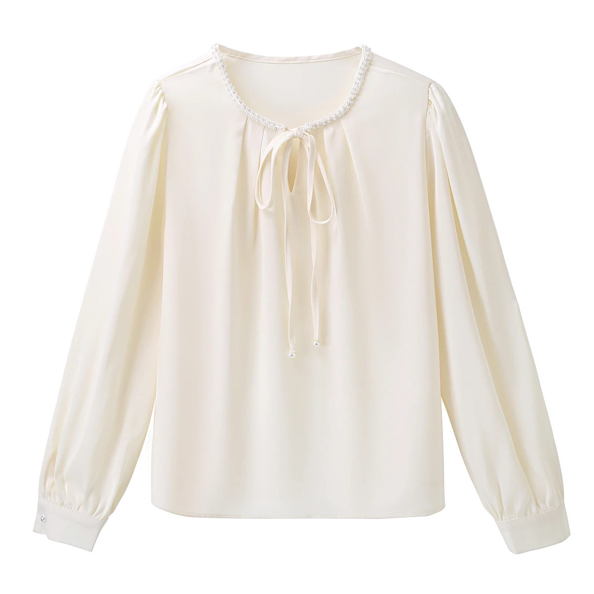 Camicetta da donna Camicia Nuova manica lunga O-Collo Elegante pizzo con perline Camicetta Camicia Donna Top Camicette Camicie Blusas Camisas Q1350