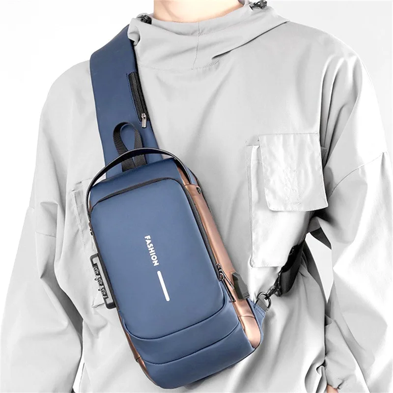 

Travel Shoulder Briefcase Bag Men Password Lock Motorcycle Bag Waterproof Sports Chest Bag Anti-theft Crossbody Bag USB Charging