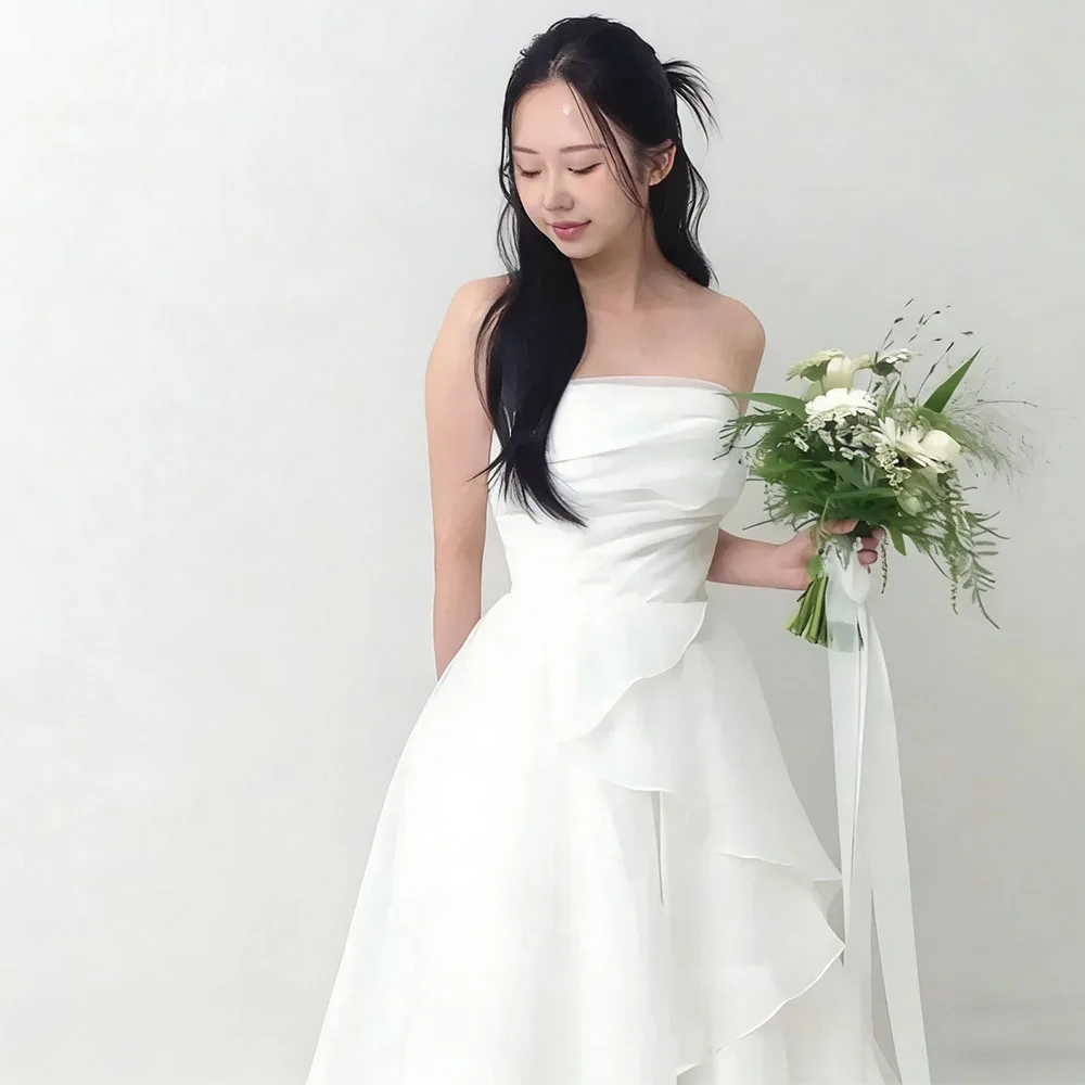

BOMP Elegant White Organza Wedding Party Dress Strapless A-Line Korea Photo Shoot Bridal Reception Gown Customized 웨딩드레스