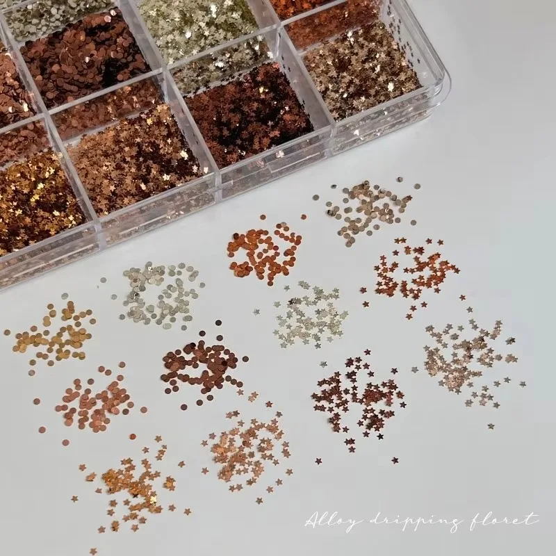 12-Grid Fall Winter Mocha Nail Art Glitter Sequins Shiny Star Dot Flakes Mixed Set for DIY Manicure Nail Decoration Supplies Kit