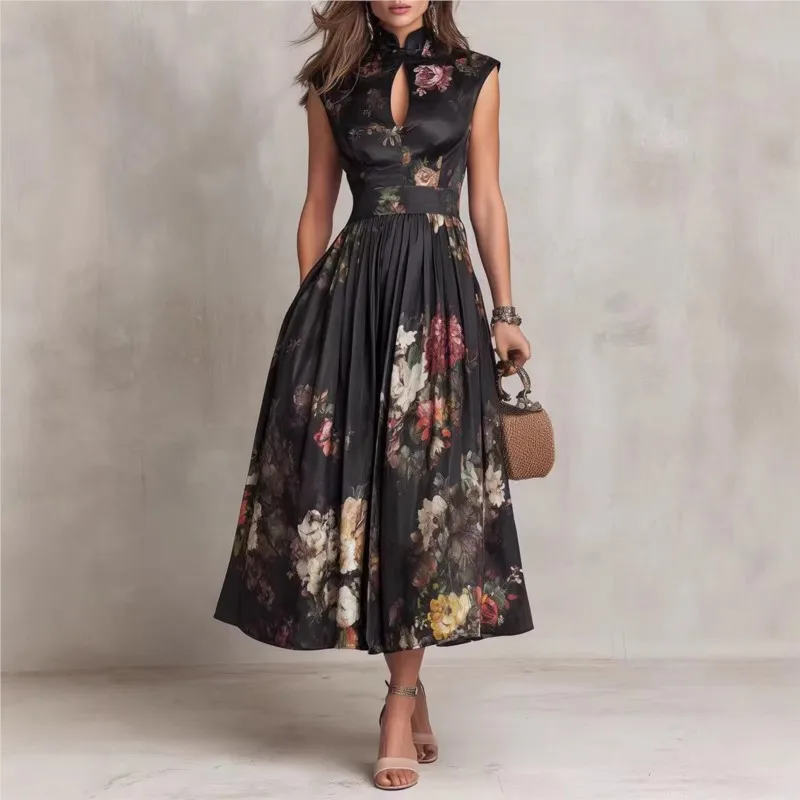 

Summer Elegant Hollow Out Pleated Party Maxi Dress Women Fashion Casual Floral Print Sleeveless Stand Collar Long Dresses