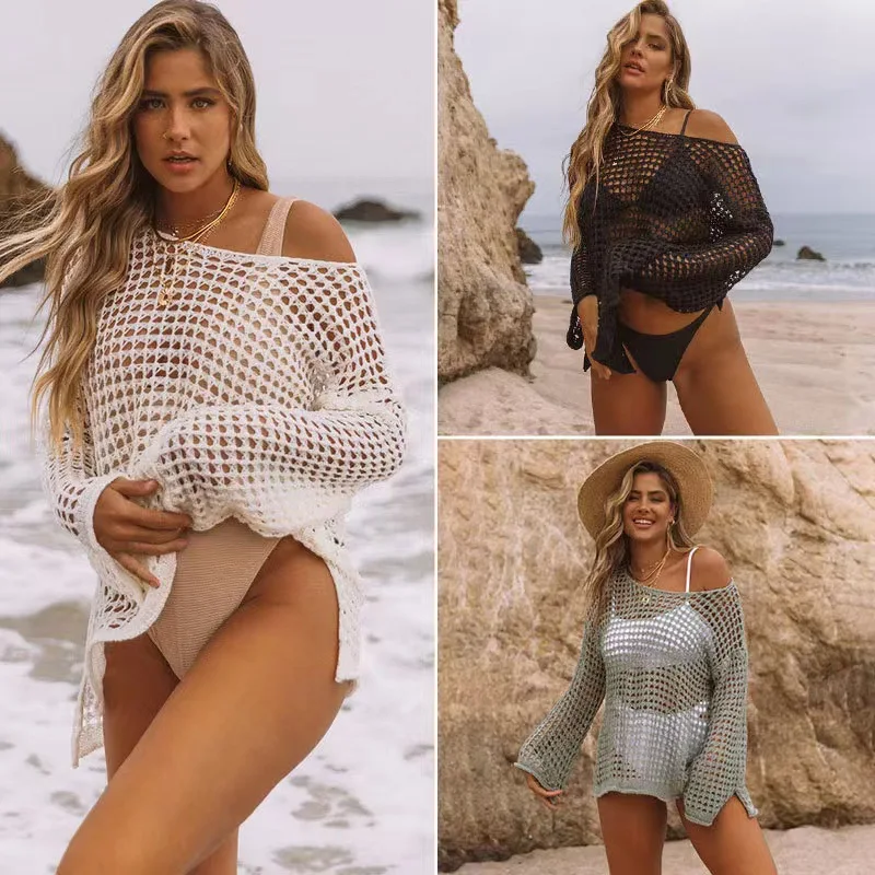 

Beach Cover-up Women's Sexy Bikini Smock New Autumn Winter Hollow Mesh Knitted Swimwear Hot Girl Clothing daily matching