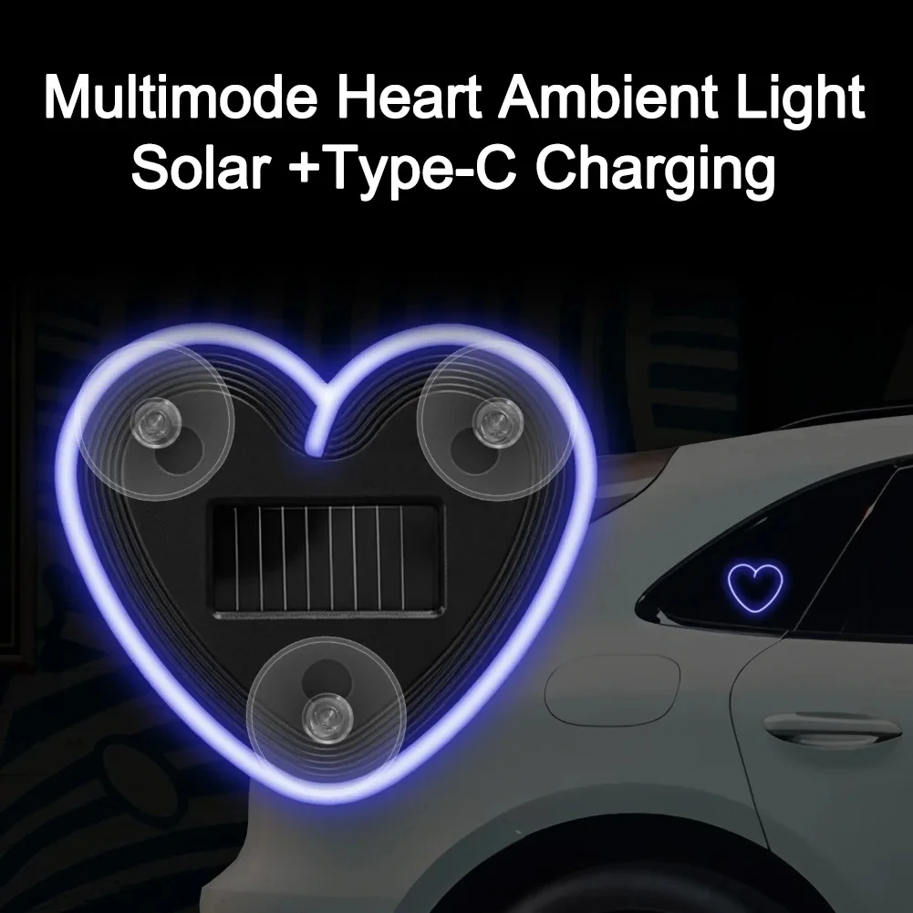 Solar-Powered Led Car Window Neon Lights - Heart-Shaped Rgb-Free Color-Changing Interior Wiring Free Atmosphere Light