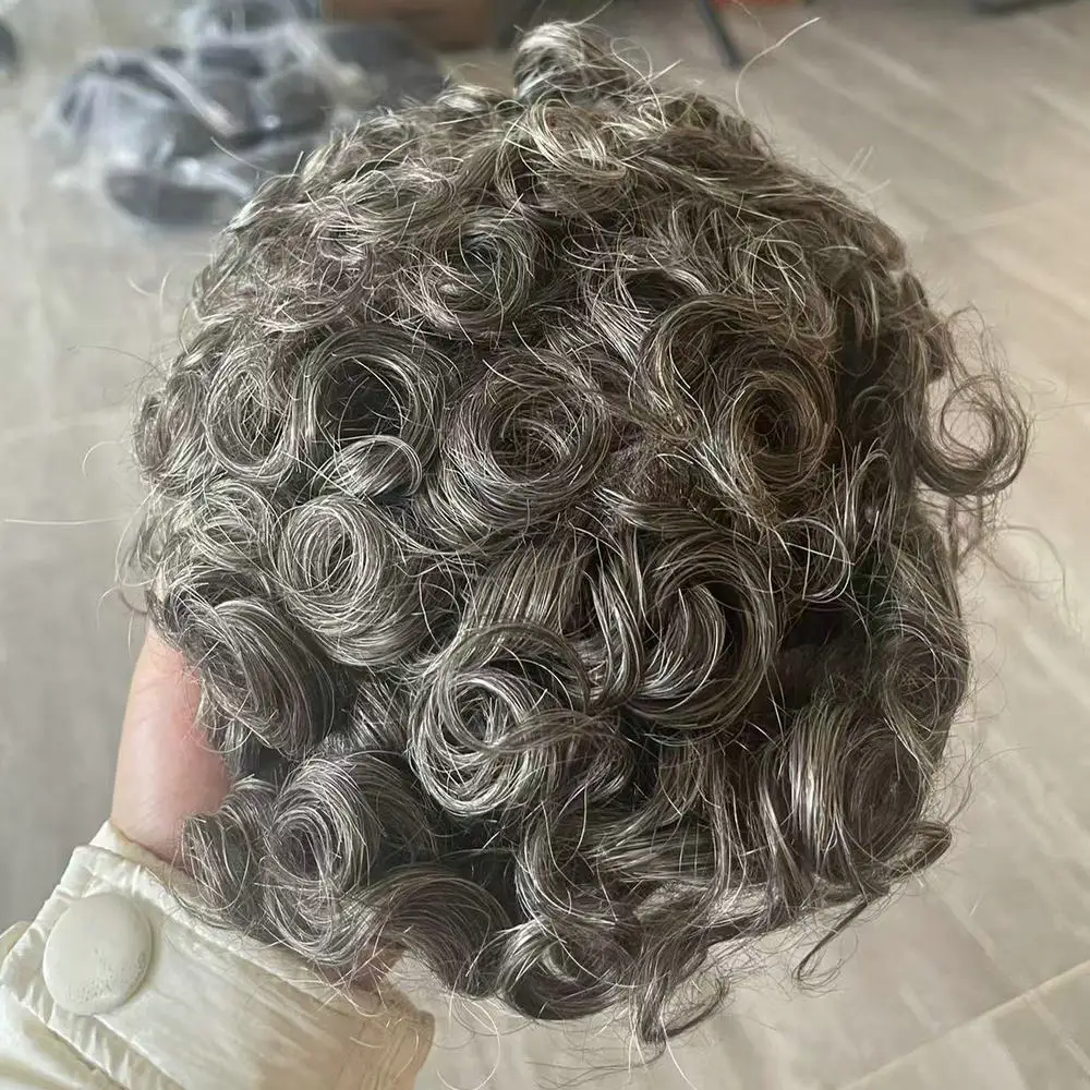 28mm Curly Bond Style Echthaar-Toupet für Herren, Mono-NPU-Basis, 1b65 565 Graubraunes Haarsystem, Atmungsaktive, Langlebige Kapillar-Prothese – Detail 3