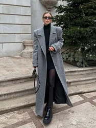 Fashion Woman Solid Color Full Sleeve Overcoat Elegant Shoulder Pad Single Breasted Long Coat 2024 New Lady Commuter Outerwear