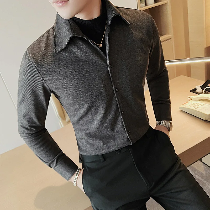 Autumn and winter new men's personalized V-neck thickened woolen shirt solid color casual sweater fake two shirts