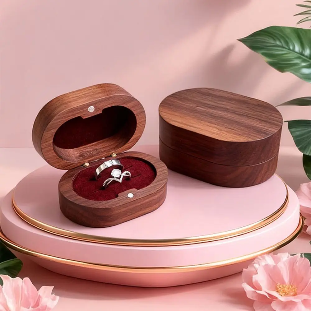 

Handmade Wedding Ring Box Wooden Double Slots Rings Bearer Box Magnet Closure Portable Walnut Wood Rings Box Wedding Ceremony
