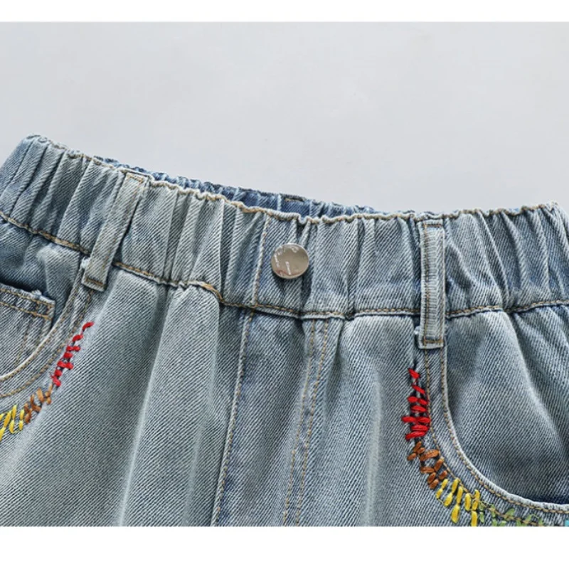 Girls Striped Jeans Side Pockets Teen Girls Denim Teenage Pants With Colorful Letter Embroidery Toddler Casual Denim Ages 4-14Y