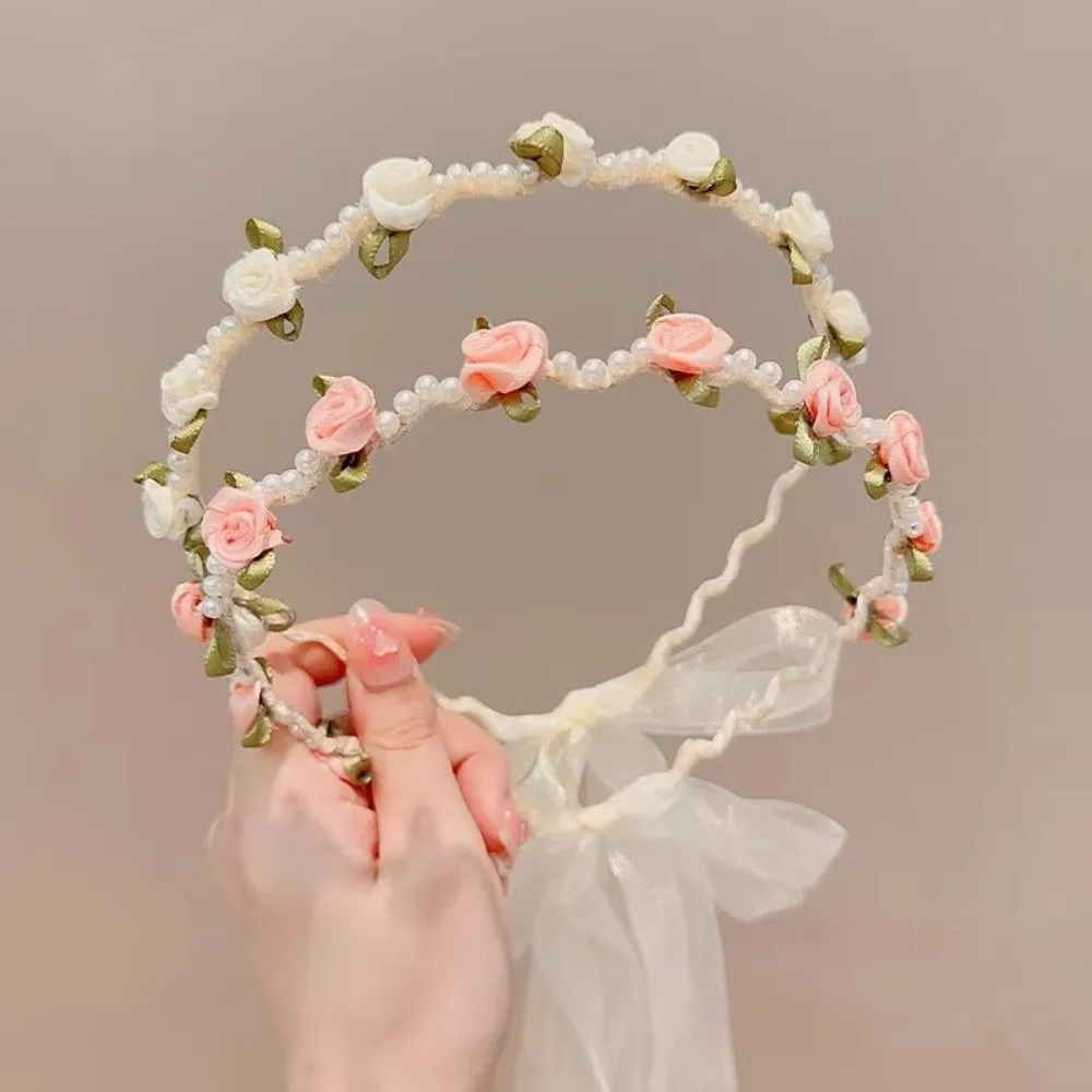 Spring Summer Kids Rose Headband Non-Slip Bow Braided Hair Hoop Hair Accessory Girls Princess Style Flower Wreath Headband Gift