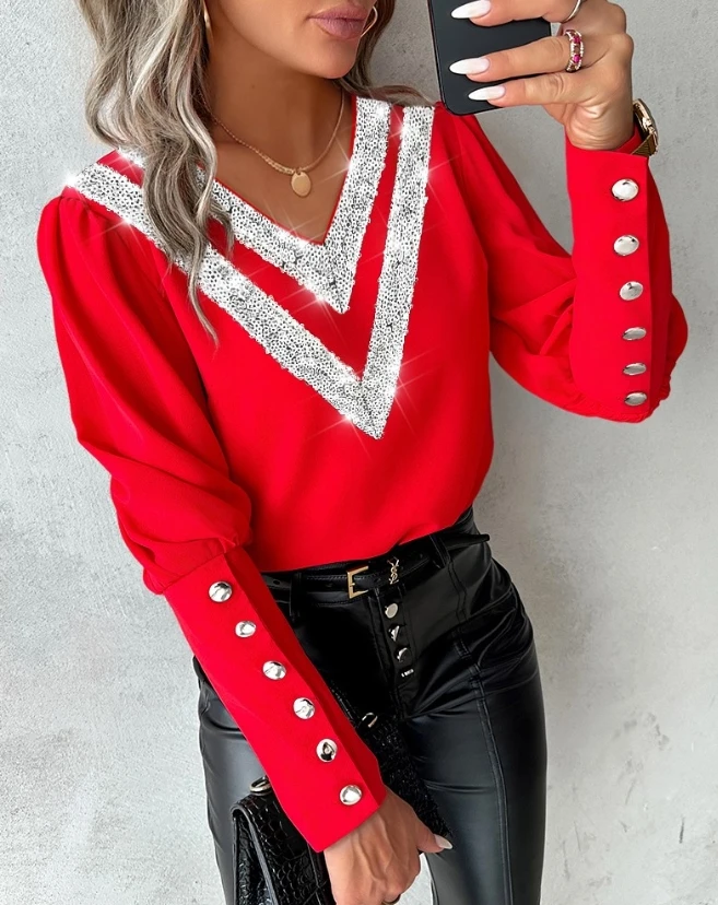 

Female Clothing T-Shirts Pullover Tops Elegant Blouses Contrast Sequin Buttoned V-Neck Top 2023 Autumn Spring New Fashion Casual