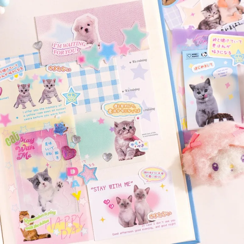 Pegatina de papelería de gato lindo para estudiante, pegatina de diario de álbum de recortes de gatito de tiro Real Kawaii, pegatina de diario Retro