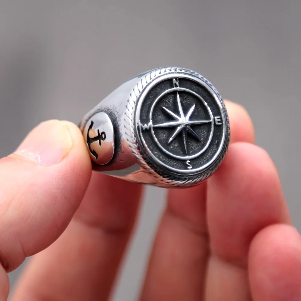 

Vintage Viking Compass Rings for Men Women Gothic Stainless Steel Anchor Signet Ring Fashion Punk Biker Jewelry Size 8-14