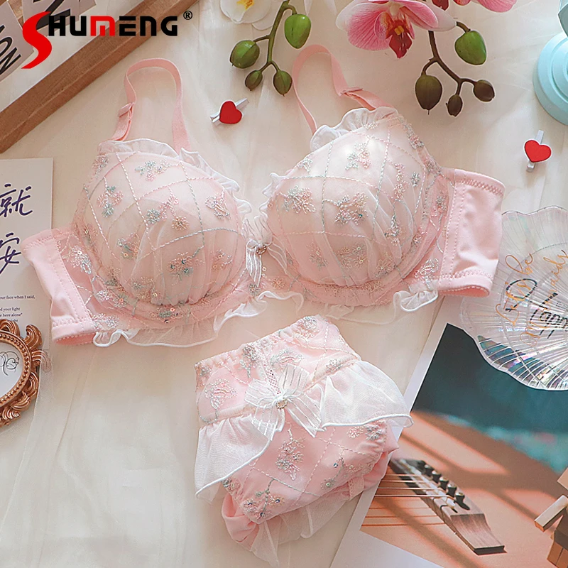 

Lace Push Up Underwear Set for Women Japanese Sweet Cute Girl Underwear Suits Female Pink Thin with Underwire Intimates