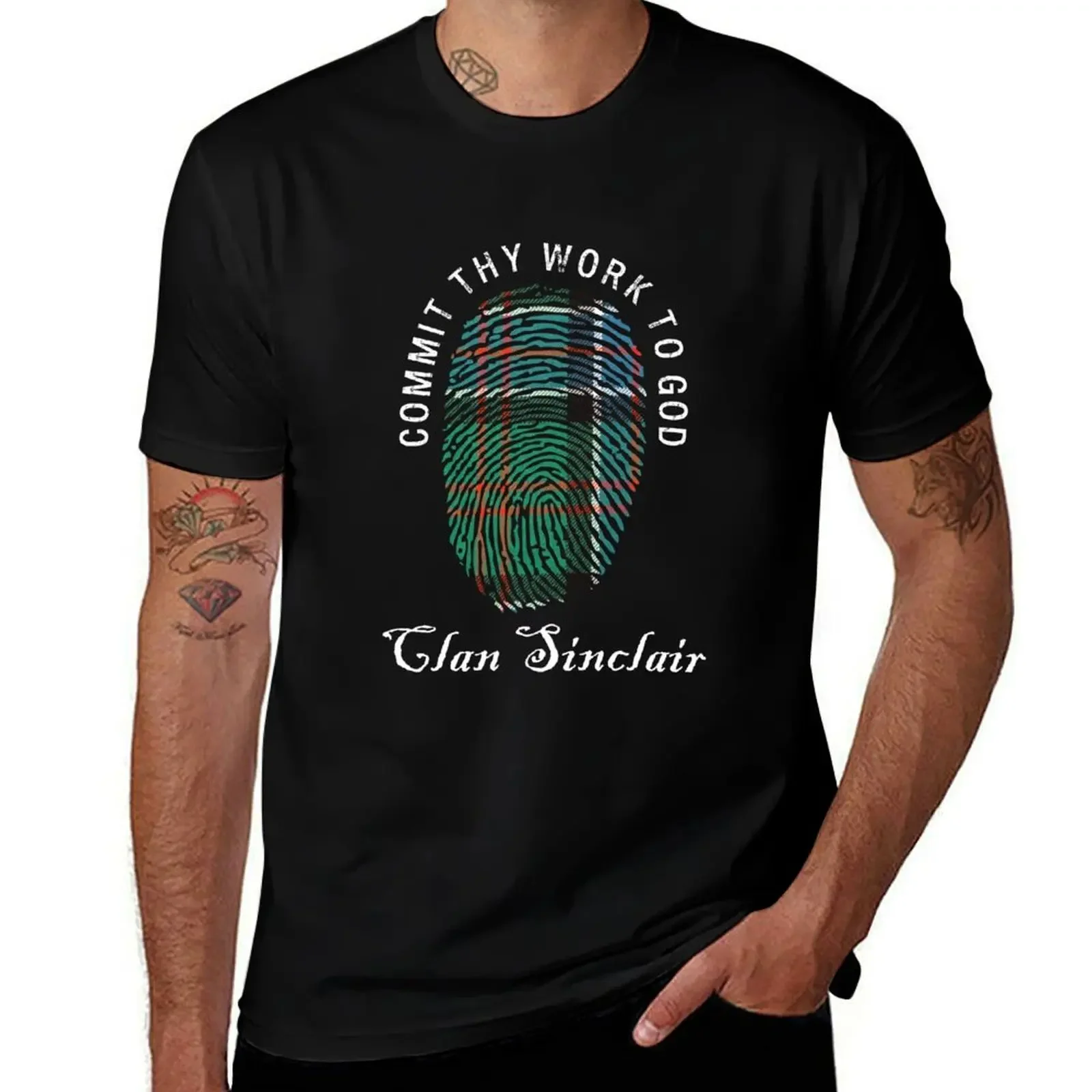 Clan Sinclair Tartan Motto Commit Thy Work to God Blue/Green T-Shirt sports fans blanks Men's t-shirt