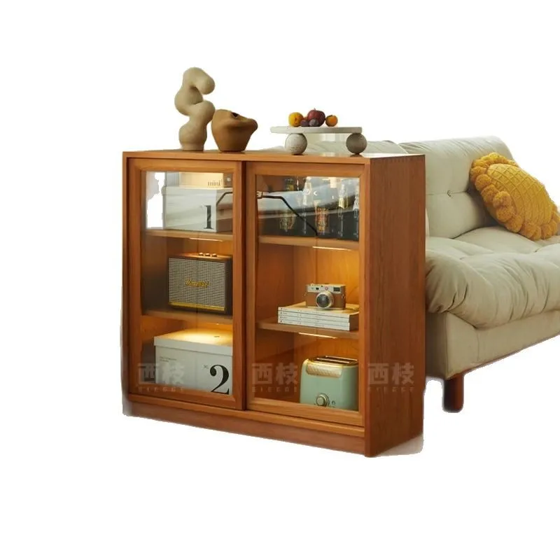 All solid wood Japanese rattan storage living room glass door free combination lattice cabinet