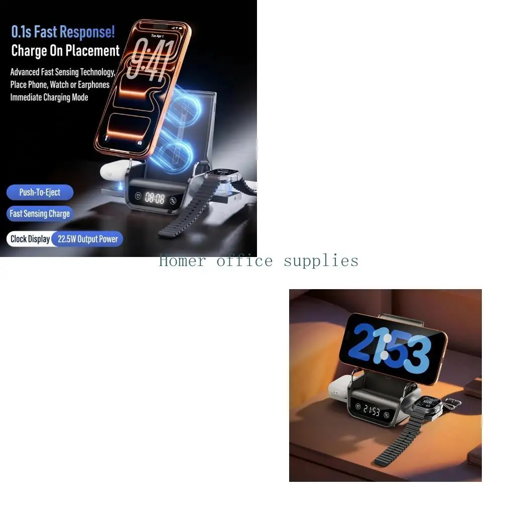 K43B Wireless with Clock for Phone Watch Ear Buds, 4 in 1 Desk Charging Stand with Side Pad and Upright Holder for Home Office
