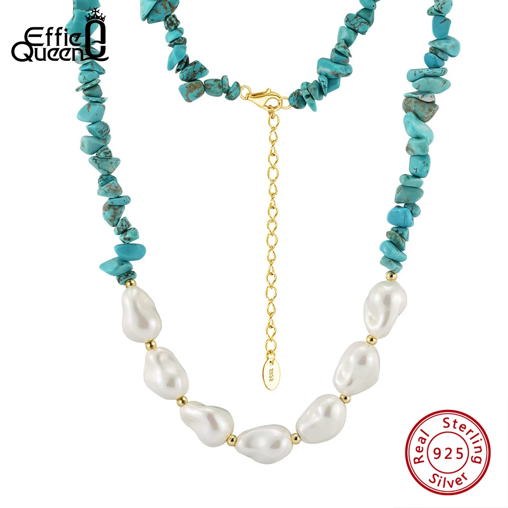 EFFIE QUEEN Halskette aus 925er-Sterlingsilber, 14 Karat Gold, grün, zufällige Türkis-Halskette, Barockperle, Naturstein-Serie, Geschenk GMN56