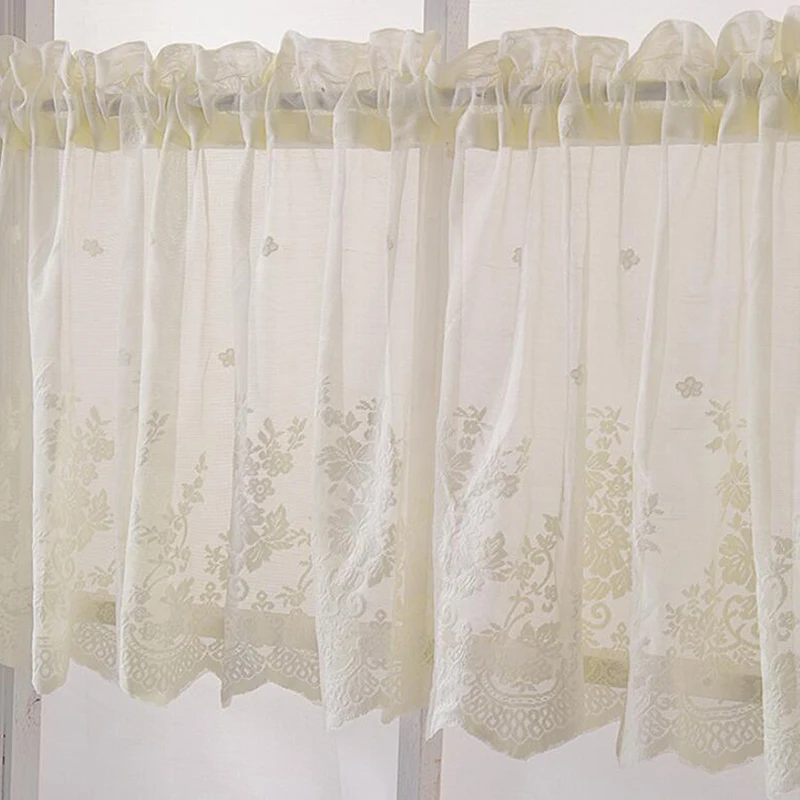 Modern Lace Jacquard Window Curtain Valance Lace Hem Coffee Short Curtain for Cabinet Door Bedroom Home Decor