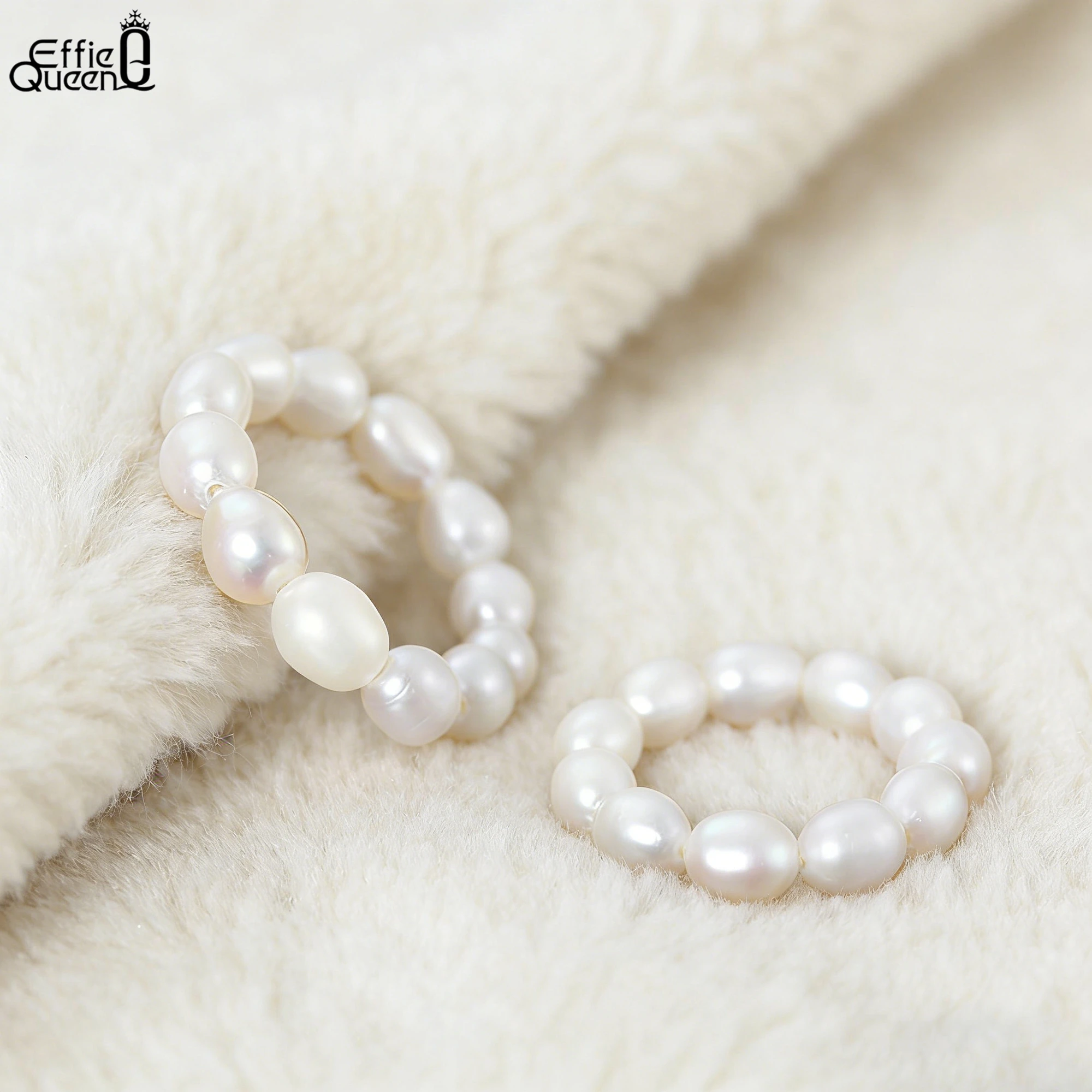 Effie Queen Minimalist Natural Freshwater Pearls Ring Classic Beads Adjustable Ring Elastic Rope Daily Wear Dating Jewelry GPR05
